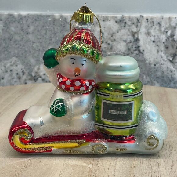 Christmas Blown Glass Style Ornament Snowman on Sled w/ Yankee Candle 2004 - Picture 1 of 8
